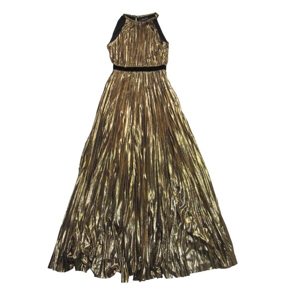 NWT BCBG MaxAzria Starling Gown in Gold Metallic Pleated Halter Maxi Dress S - Picture 3 of 10